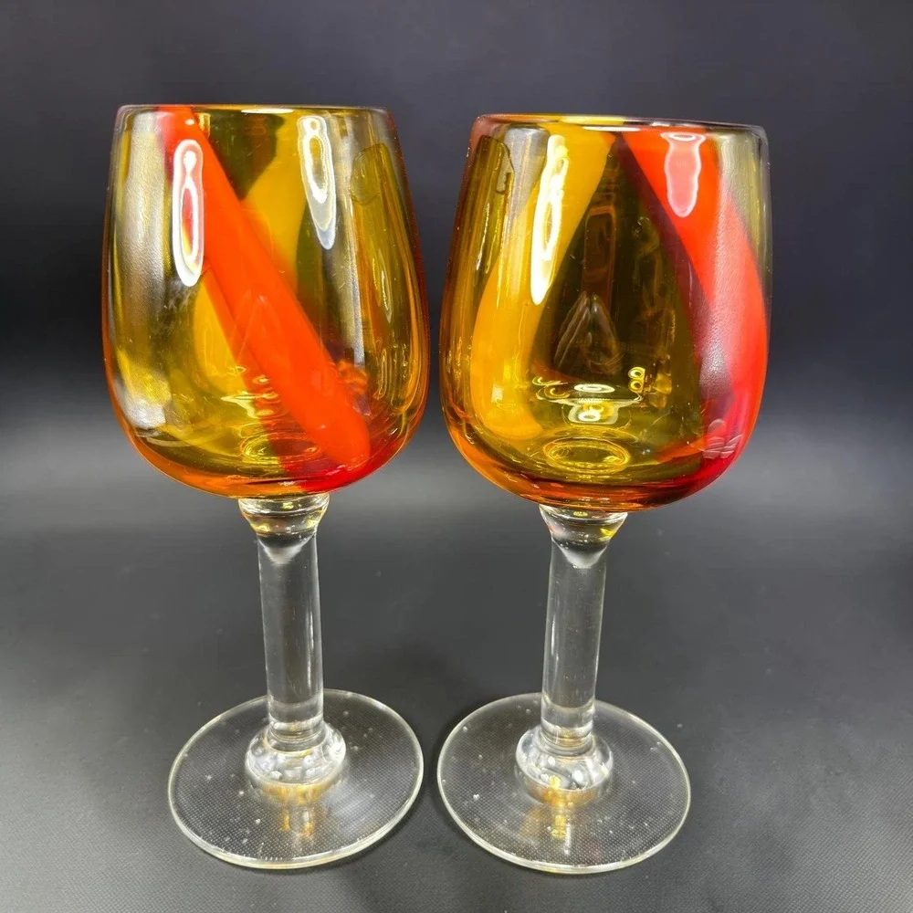 Pier 1 Hand Blown Art Glass Cups Glasses Set of 2 Amber Red Yellow Swirl Stripe